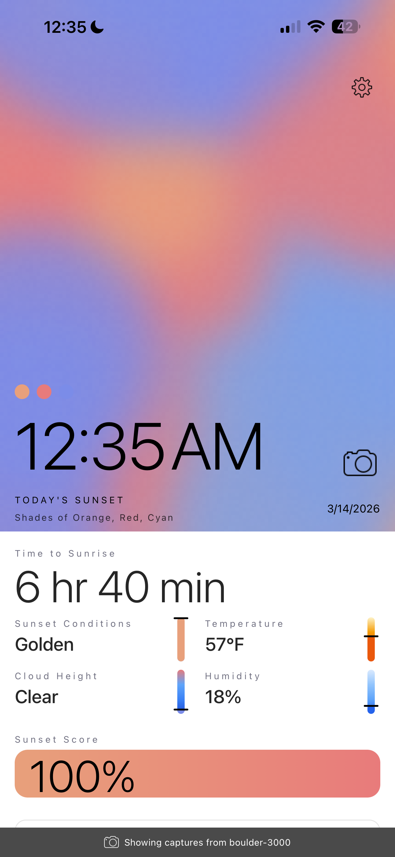 Solrise home screen at 100% sunset score