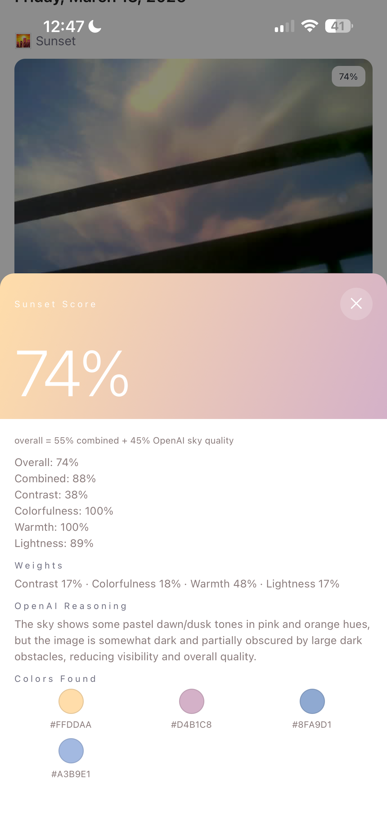 Solrise sunset detail at 74% score